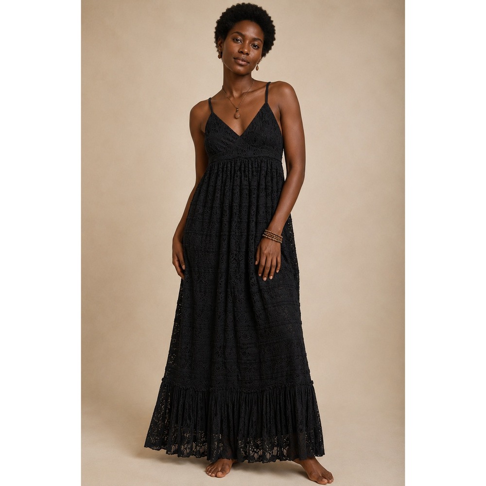 Solitaire Maxi Black Lace Dress Sz S Bohemian Babydoll Fairy Grunge Dark Romance